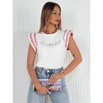 Dámské tričko Bílé tričko s růžovými volánky na rukávu AMOURI RY2412 Velikost: M/L