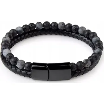 Náramek Černý kožený pánský náramek ocel a korálky
