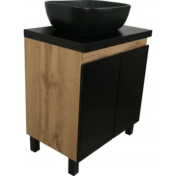 Koupelnový nábytek STOJÍCÍ SKŘÍŇKA POD UMYVADLO | DUB WOTAN | 70 CM | DESKA ČERNÁ MATNÁ LAKOVANÁ
