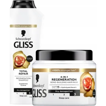 Šampon Gliss Total Repair Šampon a Maska pro Suché a Poškozené Vlasy 400ml x2