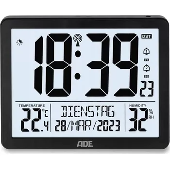 Hodiny ADE hodiny s kalendářem, teploměrem, vlhkoměrem a budíkem černé