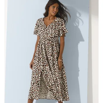 Dámské šaty Dlouhé šaty se širokými rukávy s leopardím potiskem režná/oříšková 42