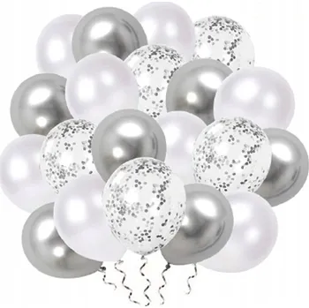Balónek Sada klasických balónků PartyPal stříbrno-bílé s konfetami, 20 kusů