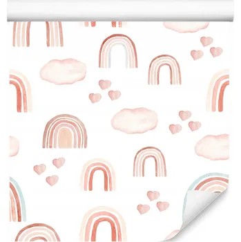 Fototapeta Tapeta pro dívky Růžové obláčky SRDÍČKA Duha Boho styl