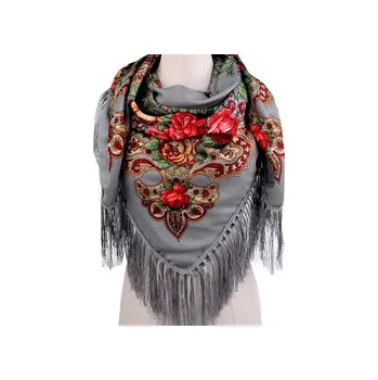 Šátek Šátek folklór květy s třásněmi 105x105 cm - 1 ks - 9 šedá