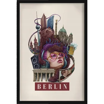 Obraz Nástěnný obraz v rámu Vintage retro styl Berlín Medvěd Berlínská zeď 40x60 cm