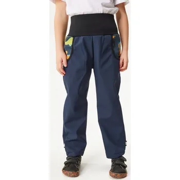 unuo Dětské softshellové kalhoty s fleecem Basic, Tm. Modročerná, Dinosauři Velikost: 104/110