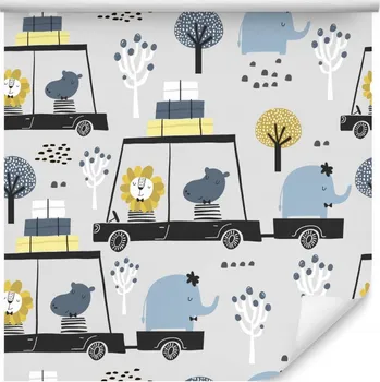 Tapeta Tapeta lvi sloni stromy auta dětský pokoj