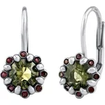 Zlaté náušnice Basilie z bílého zlata s přírodním vltavínem a granáty