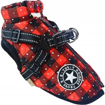 Obleček pro psa BUNDA OBLEČEK PRO PSA VESTA TEPLÁ ZIMNÍ ČERVENÁ KOSTKA S POSTROJEM L