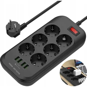 Napájecí kabel ZÁSUVKOVÁ LIŠTA PRODLUŽOVACÍ KABEL USB PROTI PŘEPĚTÍ 2 M 6 ZÁSUVEK 4 USB