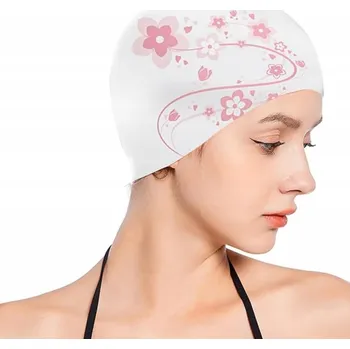 Silikonová koupací čepice s květinami pro ženy na bazén - bílá