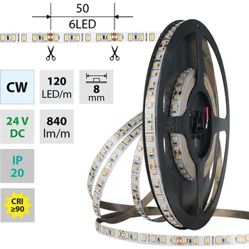 LED osvětlení MCLED LED pásek SMD2835 CW, 120LED/m, 9,6W/m, DC 24V, 840lm/m, CRI90, IP20, 8mm, 5m