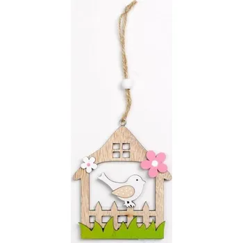 Dřevěná dekorace 9x10cm - Domek s ptáčkem, růžový