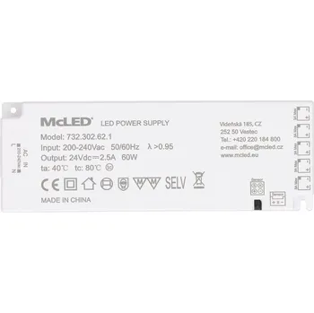 LED páska MCLED Ultra tenký, Smart LED napájecí zdroj, 60W/24 V/2,5 A s 5 mini konektory 91505-FP max. 3 A/výstup, 200-240V AC, PF>0,95, bílý, řídící a synchronizační konektor, 172 x 61 x 18 mm