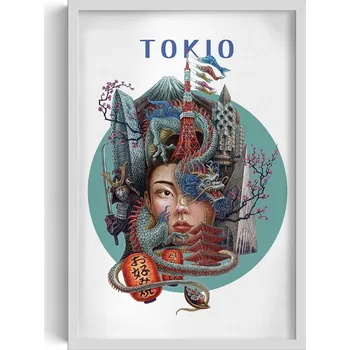 Obraz Obraz na zeď v rámu Tokio Tokyo Tower Hora Fudži Drak Višňový květ 40x60 cm