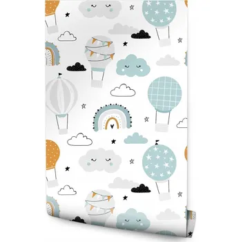 Fototapeta Tapeta Pastelové BALÓNKY Obláčky Duha Hvězdy Nebe