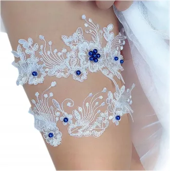 SVATEBNÍ PODVAZEK BÍLÝ s modrými PERLAMI podvazky svatební 2 kusy