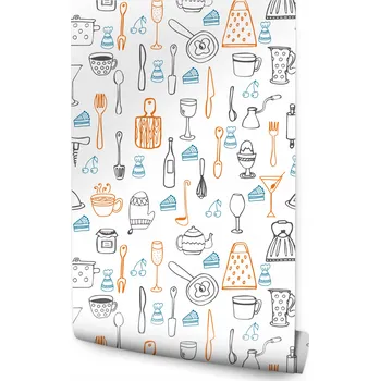 Fototapeta Tapeta: hrnky, příbory, lahve, dorty – do jídelny