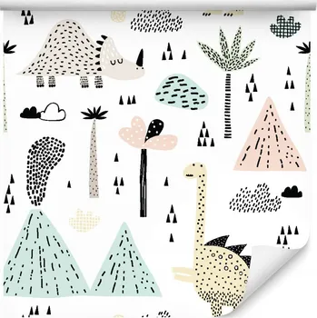 Tapeta Tapeta pro kluka, dinosauři, hory, palmy, mraky