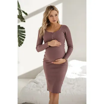 Těhotenské šaty Milk & Love Žebrované těhotenské a kojící šaty Tummy Rose Brown bavlněné dlouhý rukáv Velikost: XL