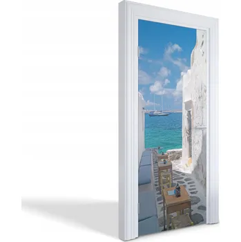 Fototapeta Fólie na dveře do kuchyně, obýváku, pokoje - Řecká ulička u moře, 85x205 cm