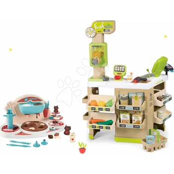 Dětská kuchyňka Set obchod Bio Ovoce-Zelenina Organic Fresh Market Smoby a hravá kuchařka s recepty na výrobu čokoládových bonbonů
