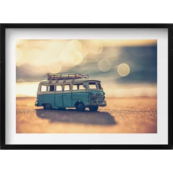 Obraz Dekorativní nástěnný obraz s černým rámem a grafikou loft Kamper na pláži 70x50 cm