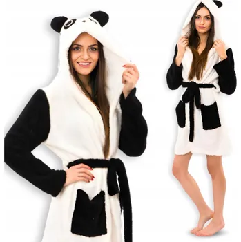 Dámský župan ŽUPAN PANDA TEPLÝ DÁMSKÝ S KAPUCÍ NA ZAVAZOVÁNÍ BÍLÝ ČERNÝ KE KOLENŮM S