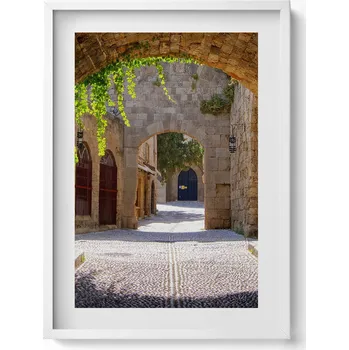 Obraz Obraz na zeď v bílém rámu Středověká ulice Rhodos Řecko 50x70 cm