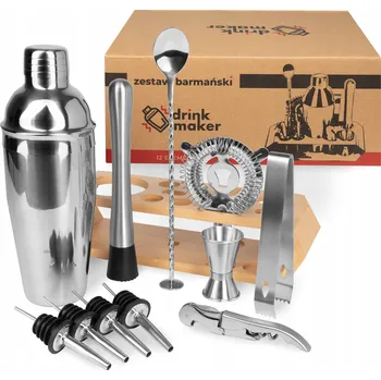 Shaker Barový set na koktejly 12 ks, shaker 750 ml, muddler, jigger, sítko, stojan