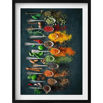 Obraz Závěsný obraz rámeček v černé barvě Lžíce s barevnými kořeními 60 x 80 cm