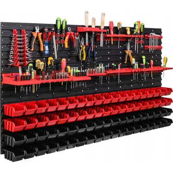 Obraz Děrovaná stěna na nářadí 156x78 cm + 76 boxů/úložných nádob