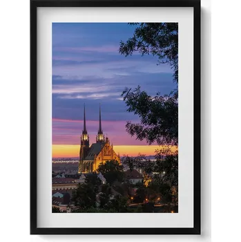 Obraz Dekorace, obraz s grafikou v krásném černém rámu Východ slunce Brno 50x70 cm