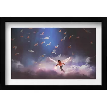 Obraz Obraz v černém rámu na zeď Chlapec s andělskými křídly 30x20 cm