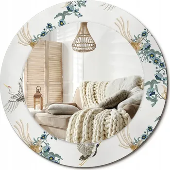 Zrcadlo Kulaté nástěnné dekorativní zrcadlo ve skleněném rámu, motiv čínští ptáci, průměr 50 cm