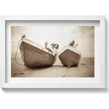 Obraz Dekorativní nástěnný obraz do pokoje Dvě lodě na pláži - sépie 30x20 cm