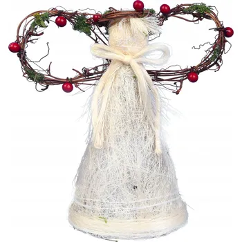 Vánoční dekorace Usměvavý Vánoční Anděl s Jeřabinou a Sisalem 22 cm OZDOBA NA STROMEČEK