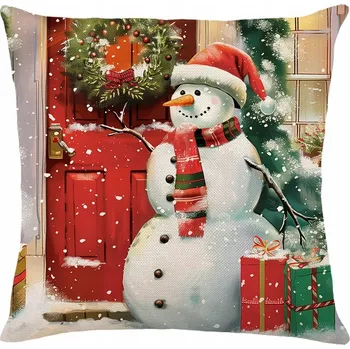 Povlak na polštářek Povlak na polštářek 45 x 45 cm Vánoční sněhulák Červené dveře Dárky