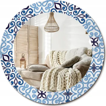 Zrcadlo Nástěnné zrcadlo s ozdobnou grafikou na skle, průměr 60 cm, Modrý arabský vzor