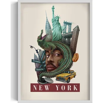 Obraz Grafika v rámu Retro styl New York Socha Svobody Brooklynský most 50x70 cm