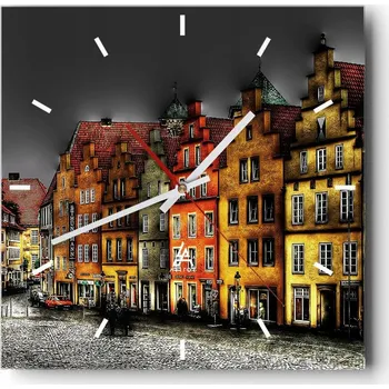 Hodiny Velké nástěnné hodiny na zeď 40x40 Město Skleněné hodiny Čtvercové Tiché