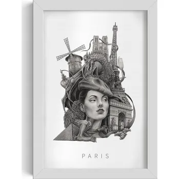 Obraz Obraz nástěnná dekorace Černobílý Paříž Eiffelova věž Moulin Rouge 20x30