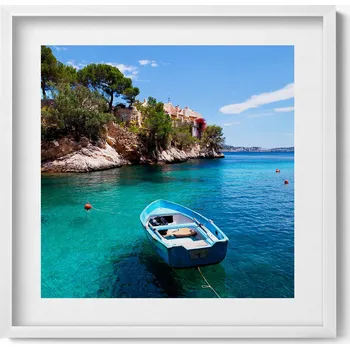 Obraz Ozdobný nástěnný obraz v rámu s grafikou Loďka na tyrkysovém moři 50x50 cm