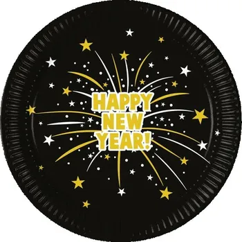 Party nádobí PAPÍROVÉ TALÍŘKY ČERNÉ SILVESTR ŠŤASTNÝ NOVÝ ROK 23 CM 8 KS