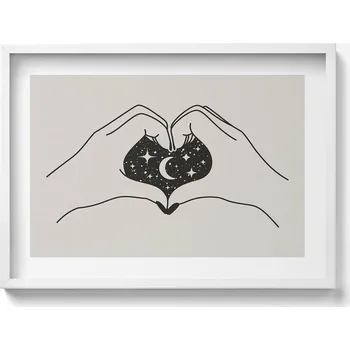 Obraz Obraz na zeď v bílém rámu Srdce z dlaní a vesmír - ilustrace 70x50 cm