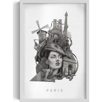 Obraz Závěsný obraz v rámu Černobílá Paříž Eiffelova věž Moulin Rouge 40x60 cm