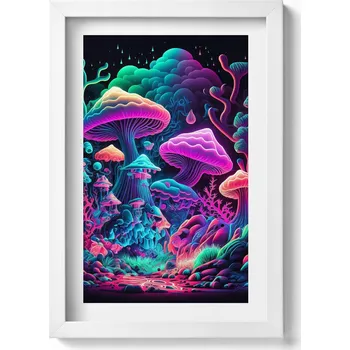 Obraz Nástěnný dekorativní obraz v bílém rámu s grafikou Neonové houby 20x30 cm