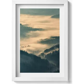 Obraz Dekorativní obraz v bílém rámu do obýváku Horská krajina lesů v mlze 20x30 cm