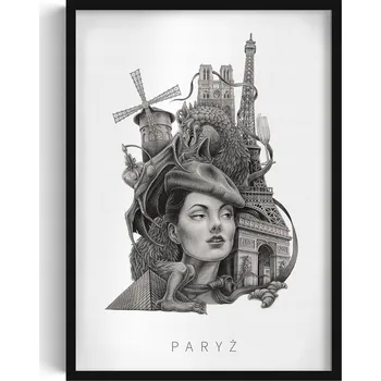 Obraz Závěsný obraz rámeček Černobílý Paříž Eiffelova věž Moulin Rouge 50x70 cm